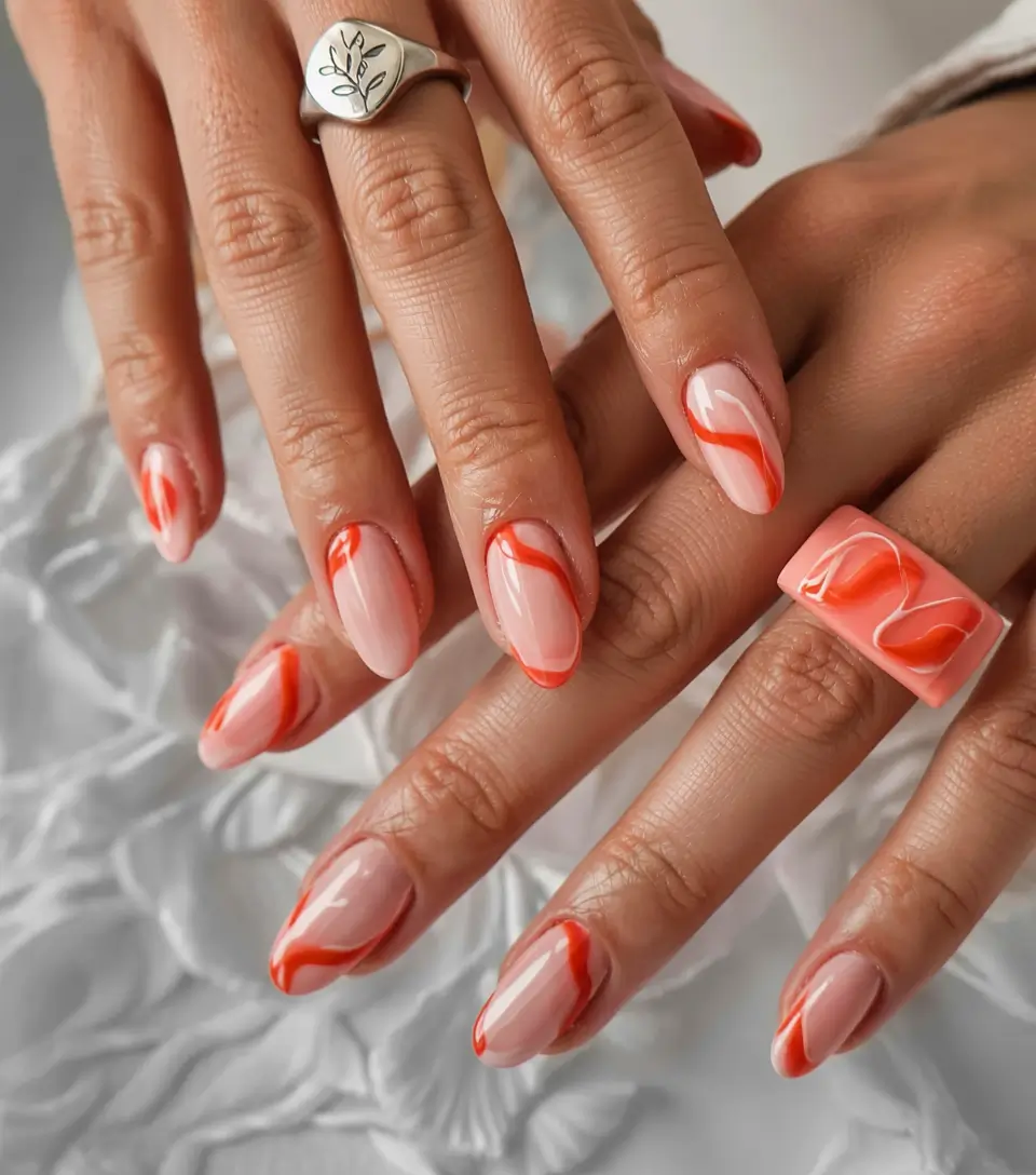 august nails color ideas 2025+Sun-Kissed Tangerine Swirl