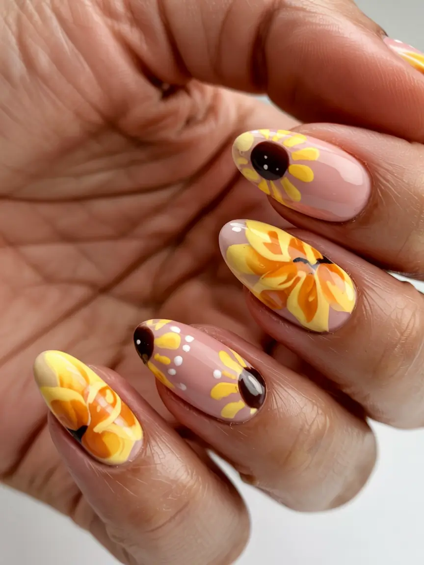 august nails color ideas 2025+Golden Hour Sunflowers