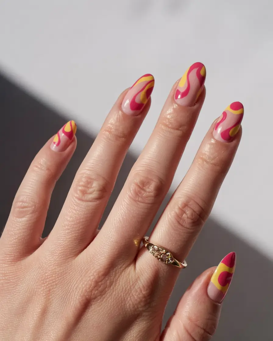 august nails color ideas 2025 Sun-Kissed Swirl Vibes