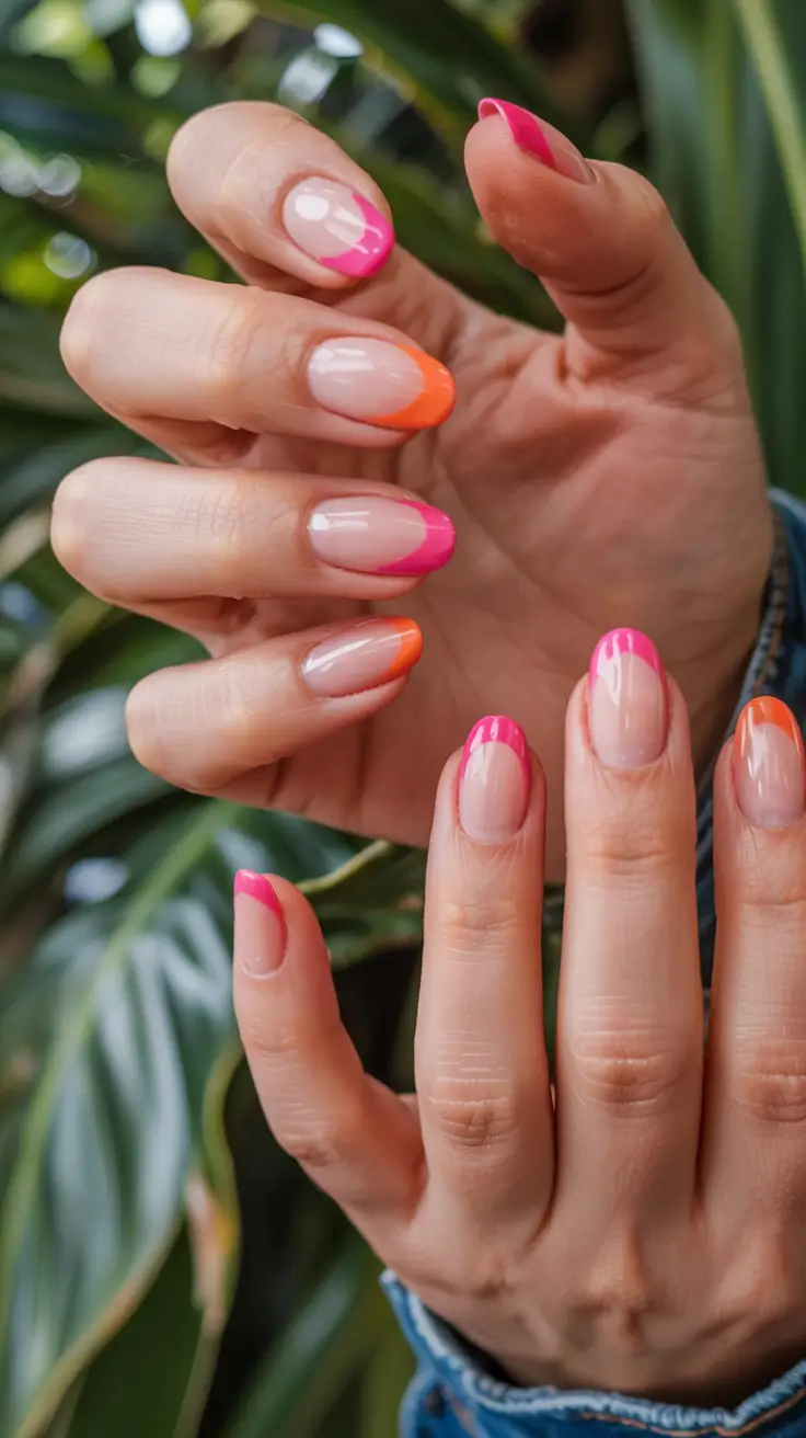 august nails design - summer trends for 2025 Tropical French with Hot Pink and Tangerine