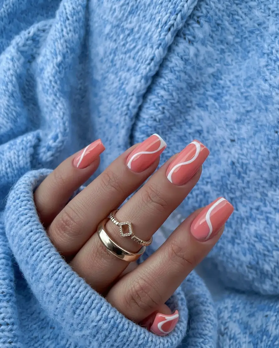 august nails design - summer trends for 2025 Peach Waves on Coral Base