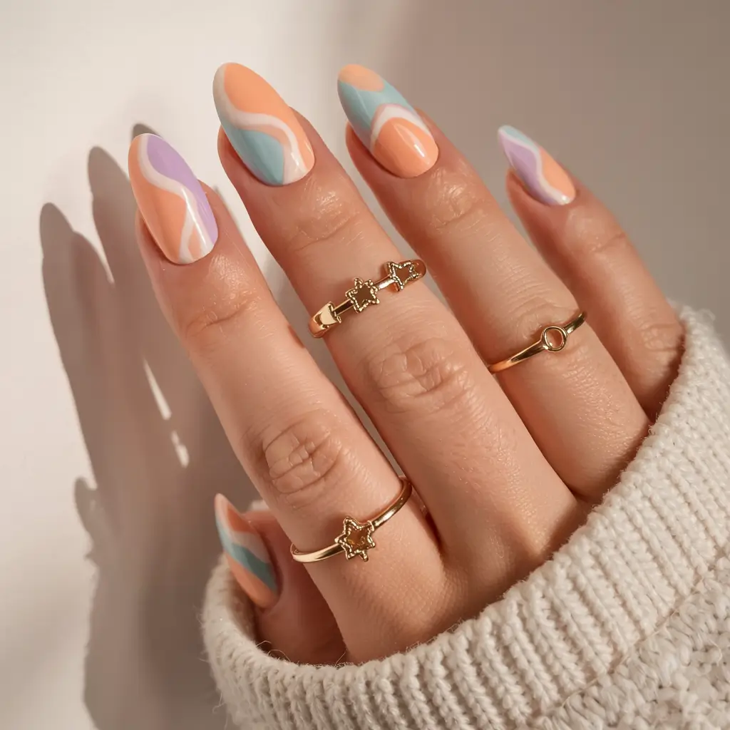 august nails design - summer trends for 2025 Sunset Pastel Swirl Art