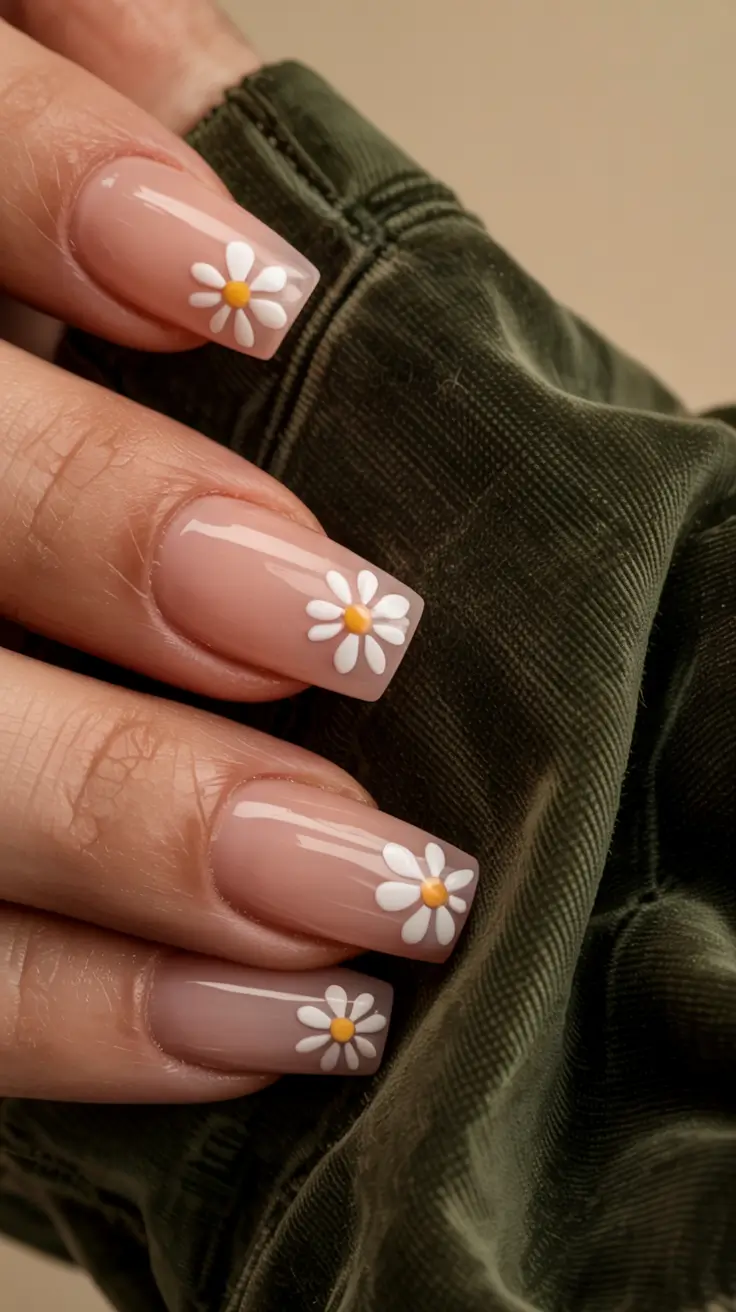 august nails design - summer trends for 2025 Daisies on a Nude Canvas