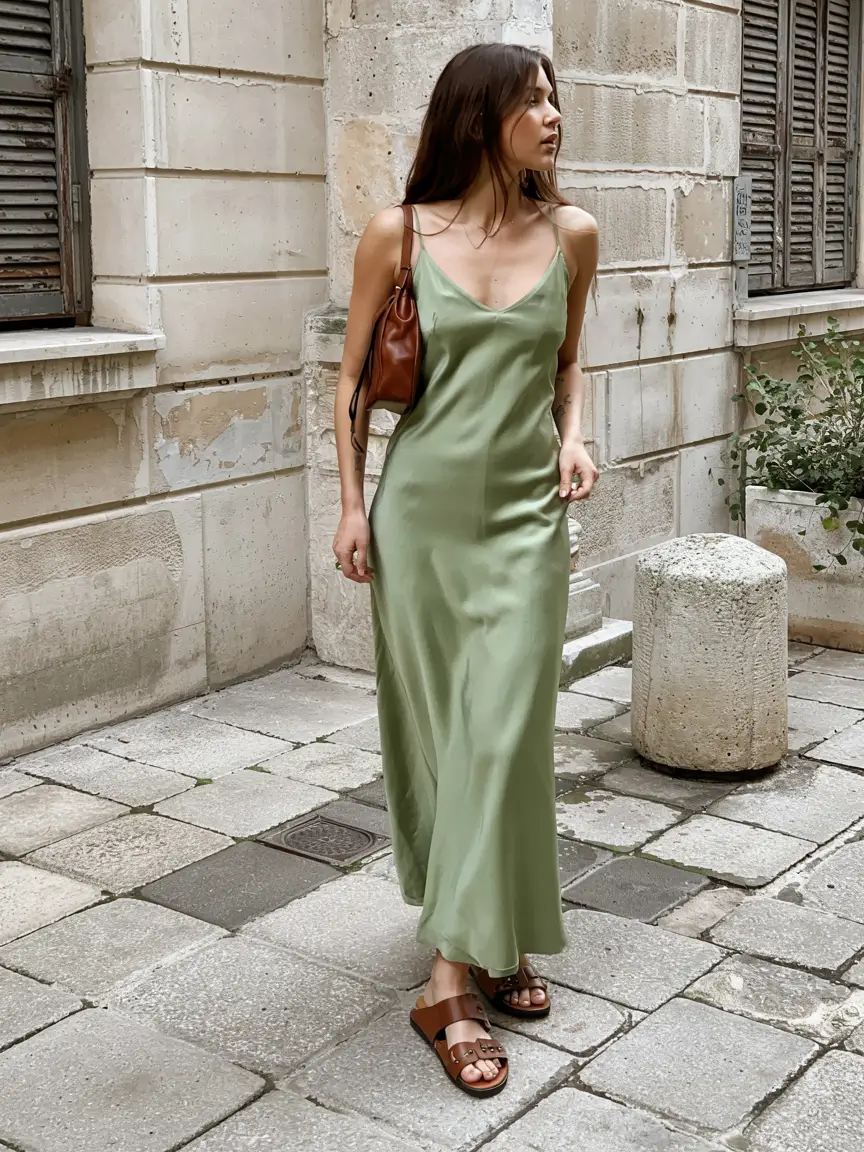 august outfits ideas 2025 Satin Slip & Sidewalk Ease