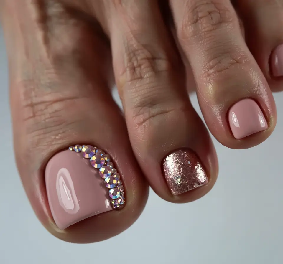 august toe nails ideas 2025 Rosé Luxe Sparkle