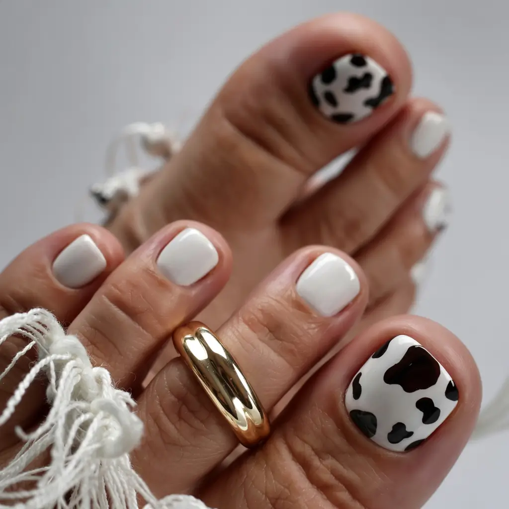 august toe nails ideas 2025 Cow Print Chic and White Space Confidence