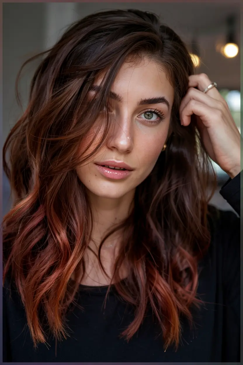 autumn fall hair colors ideas 2025 Sunburnt Ends & Cocoa Waves