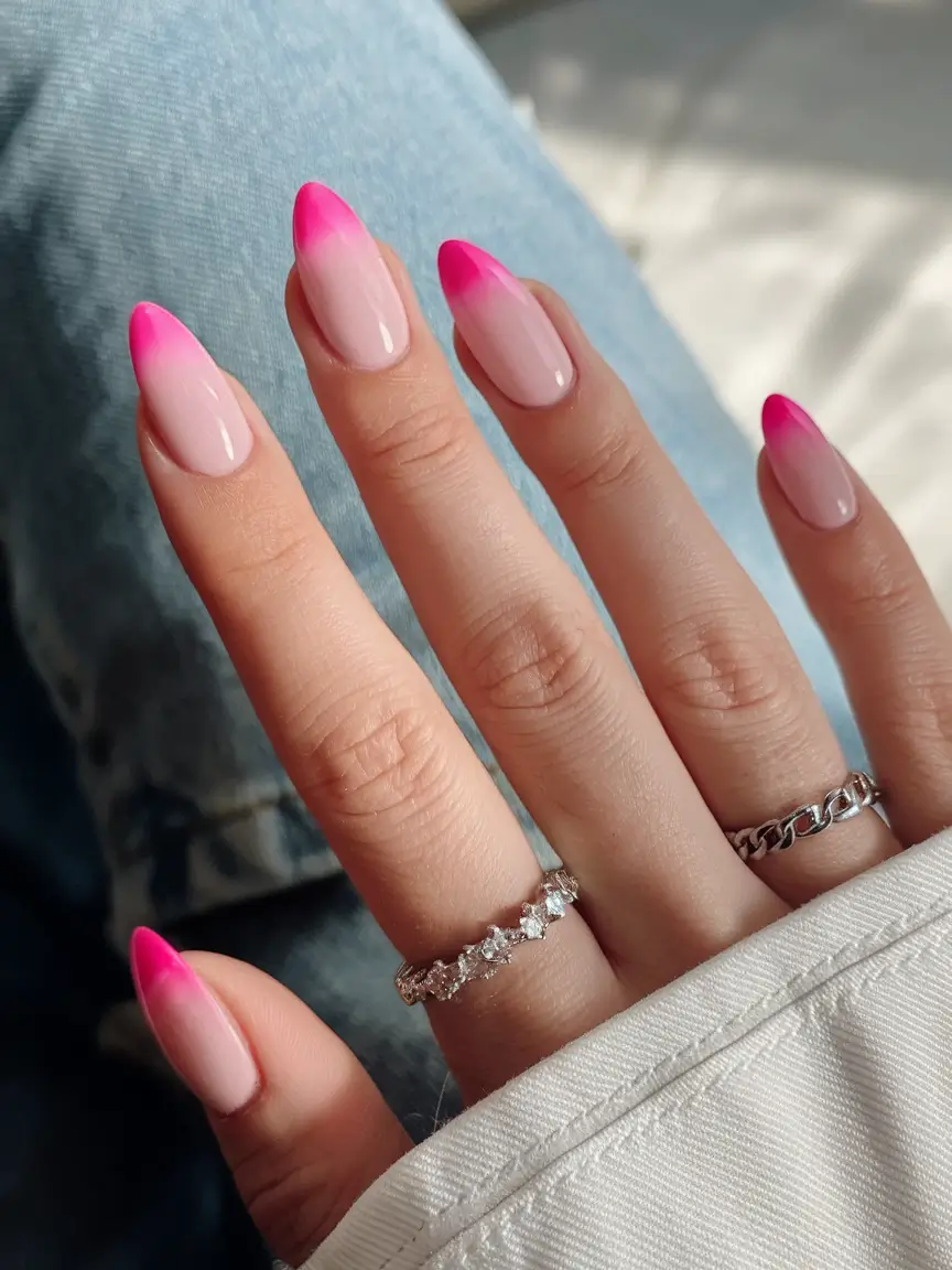 basic but chic summer nails 2025 Neon Pink Ombré Fade