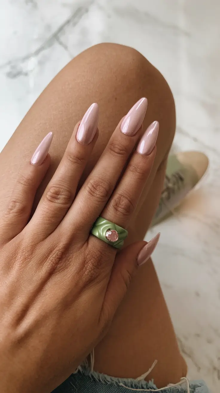 basic but chic summer nails 2025 Pearlescent Blush Almond