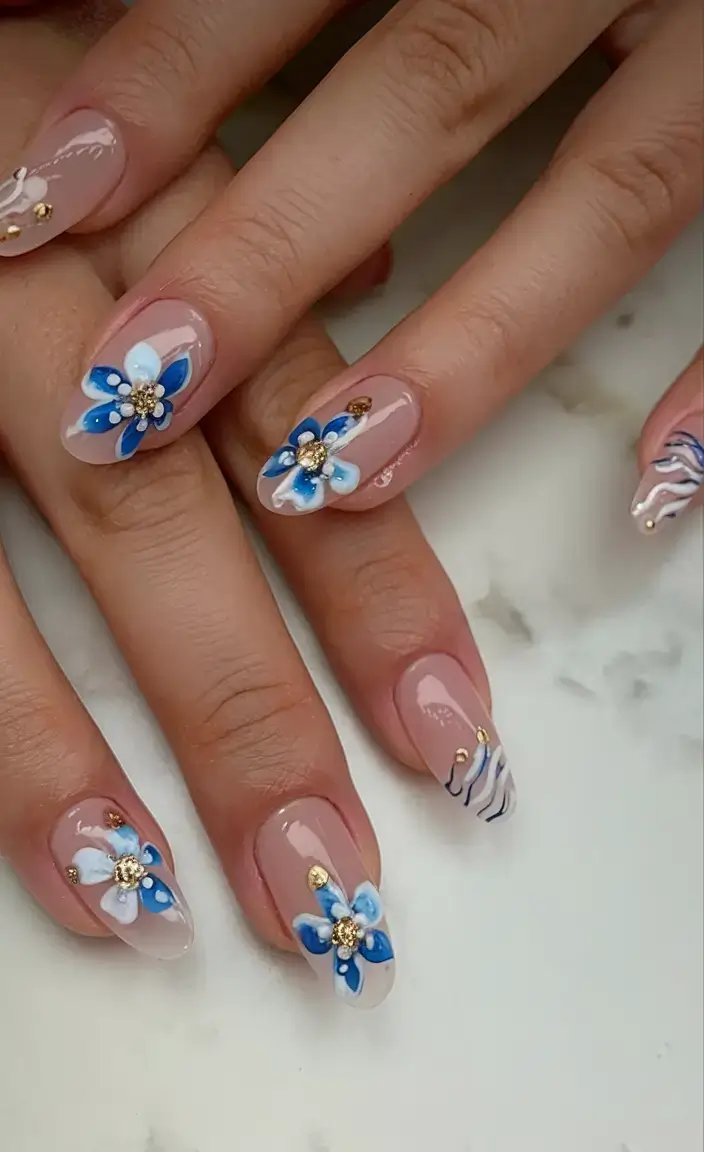 beach nails that shine in summer 2025 Glossy Ocean Flowers with Gold Gems