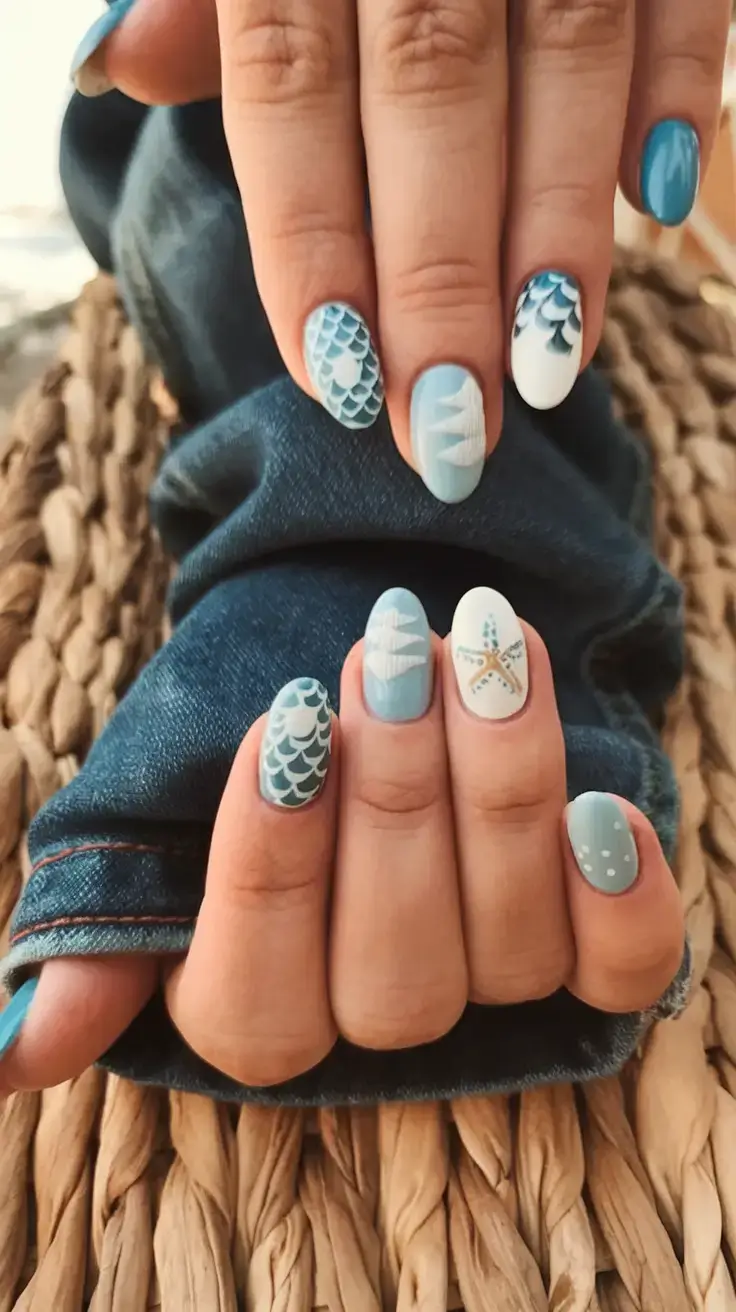 beach nails that shine in summer 2025 Sea-Inspired Matte with Mermaid Scales