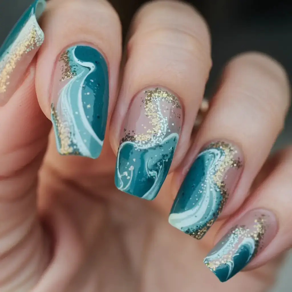 beach nails that shine in summer 2025 Deep Teal Waves with Gold Sparkle