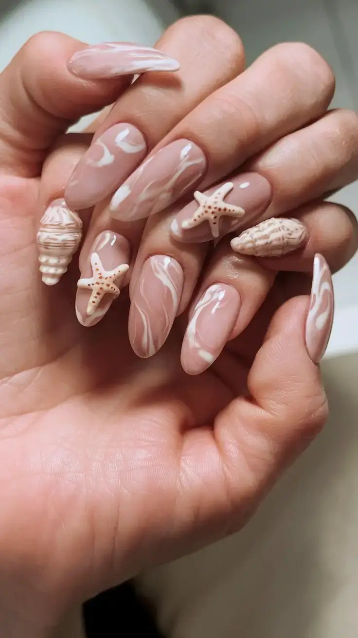 beach nails that shine in summer 2025 Glossy Nude Shells and Swirls