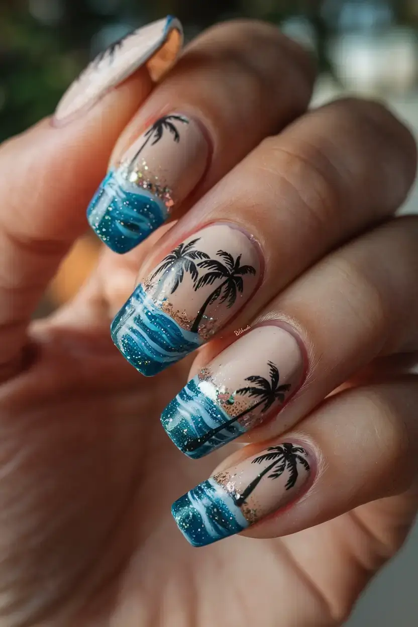 beach nails that shine in summer 2025 Sunset Palms Over Blue Waters
