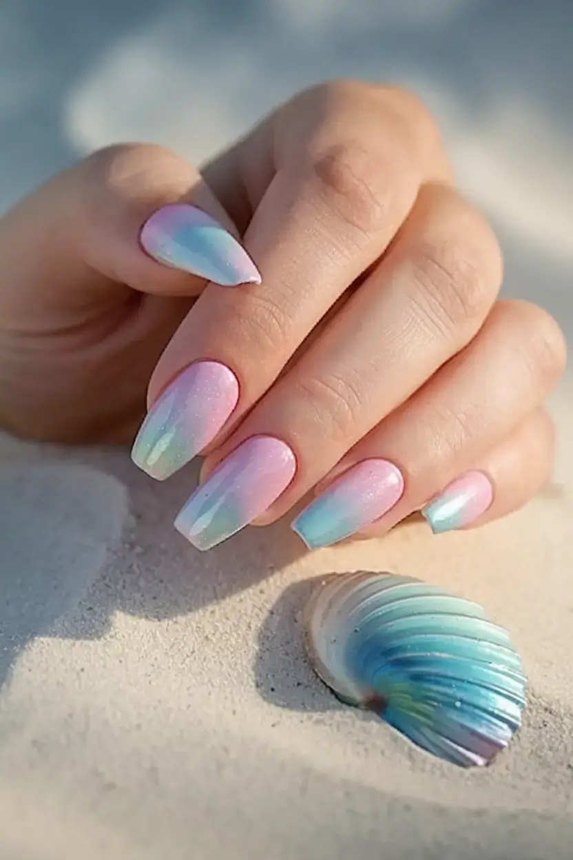 beach nails that shine in summer 2025 Cotton Candy Shell Fade