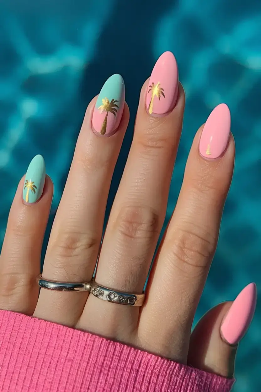 beach nails that shine in summer 2025 Retro Palm Sunset