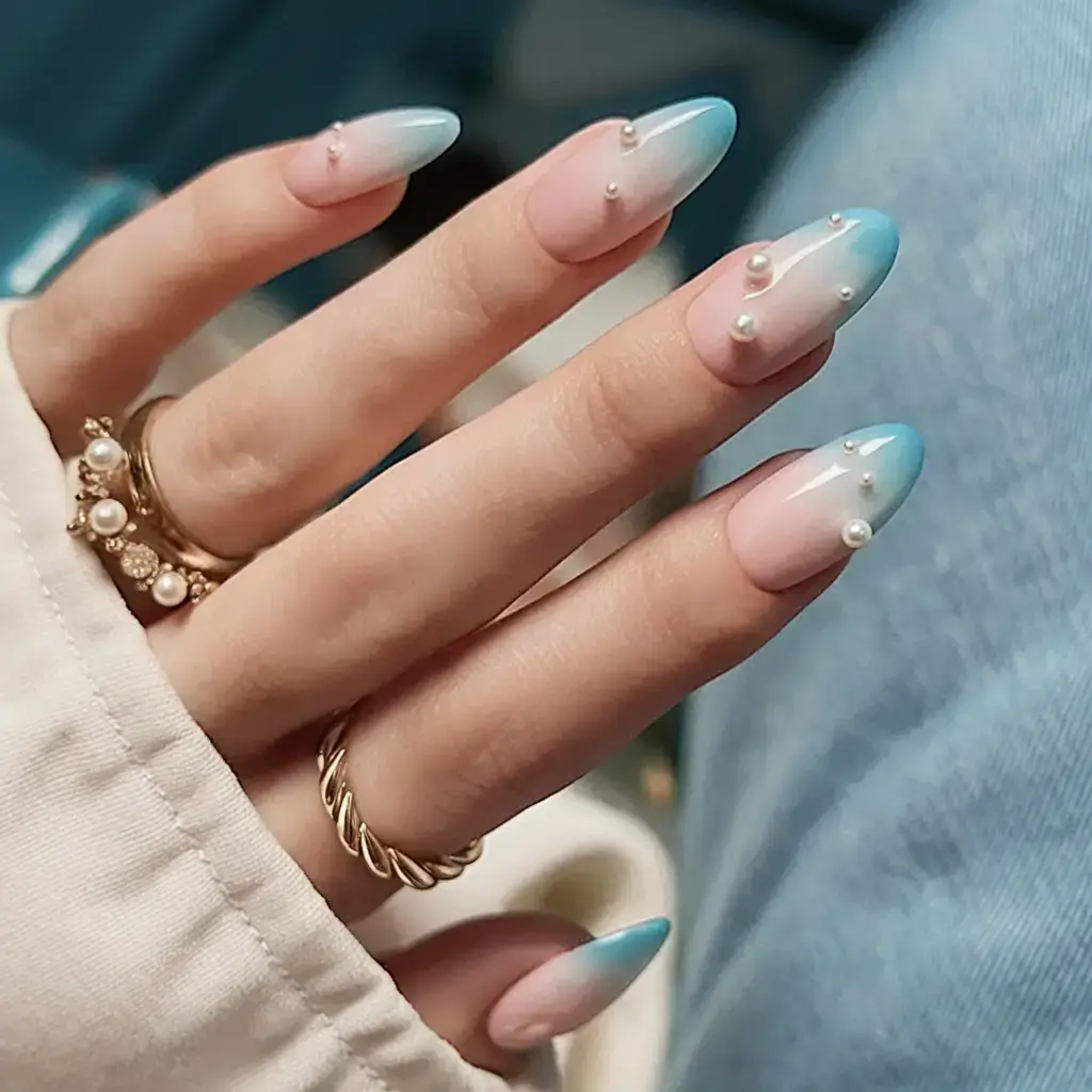 beach nails that shine in summer 2025 Seafoam Ombré with Pearl Accents