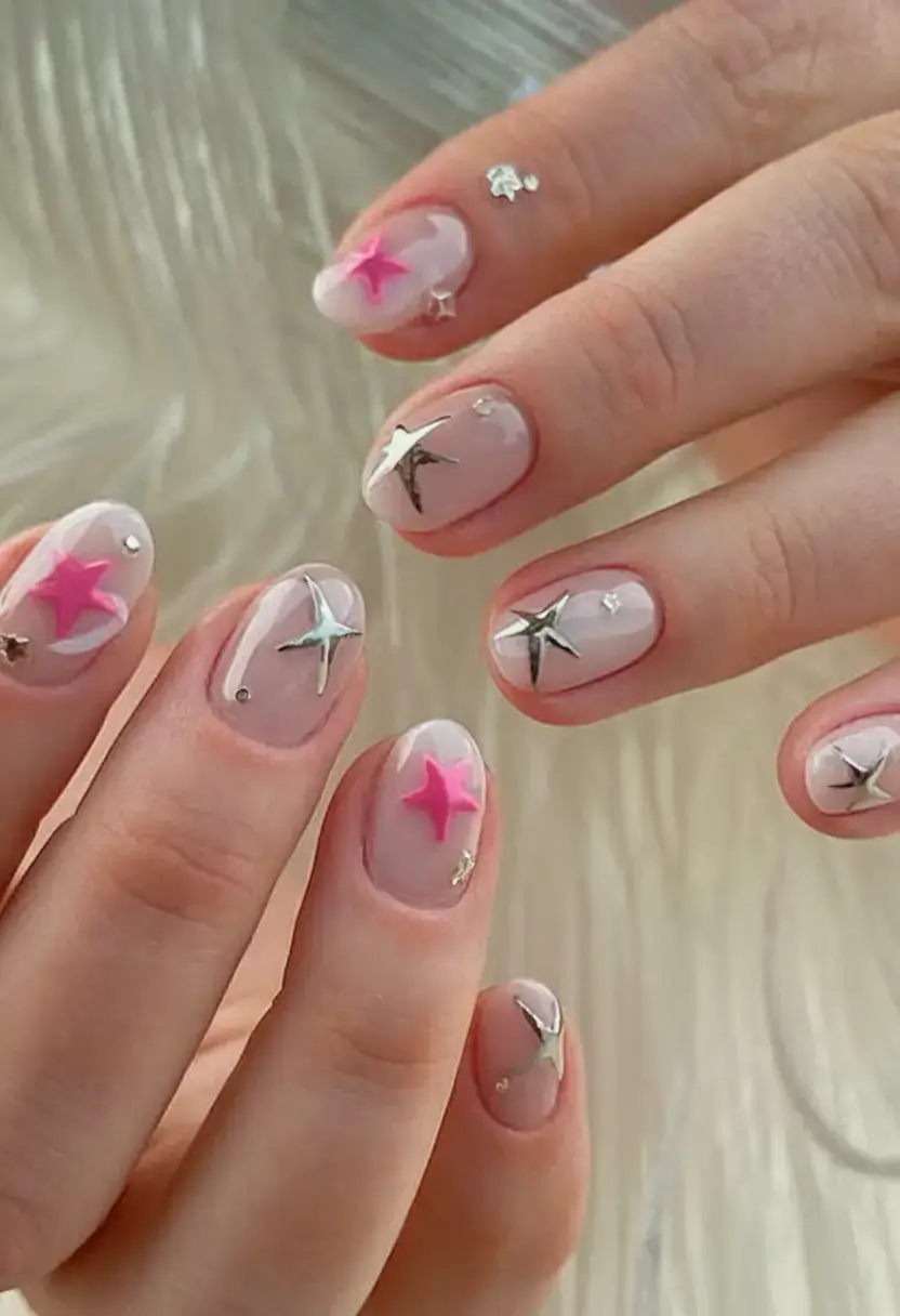 beach nails that shine in summer 2025 Minimalist Stars with a Pop of Pink
