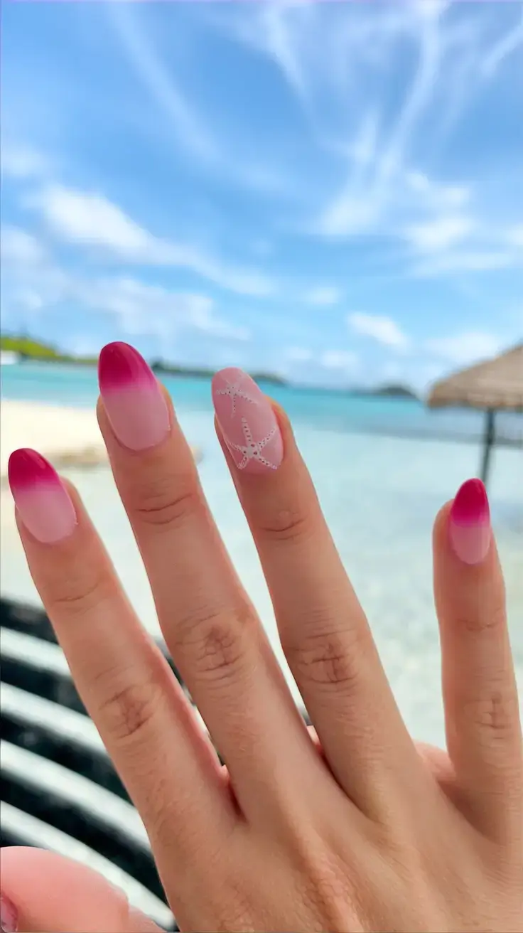 beach nails that shine in summer 2025 Sunset Dip with Crystal Starfish
