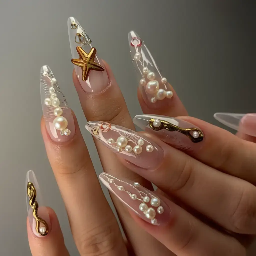 beach nails that shine in summer 2025 Ocean Pearl Cascade with Gold Accents