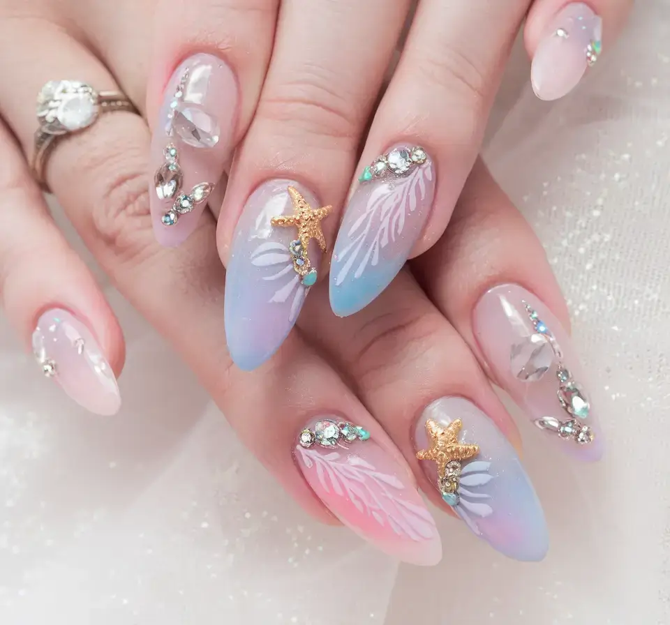 beach nails that shine in summer 2025 Sunset Reef Sparkle