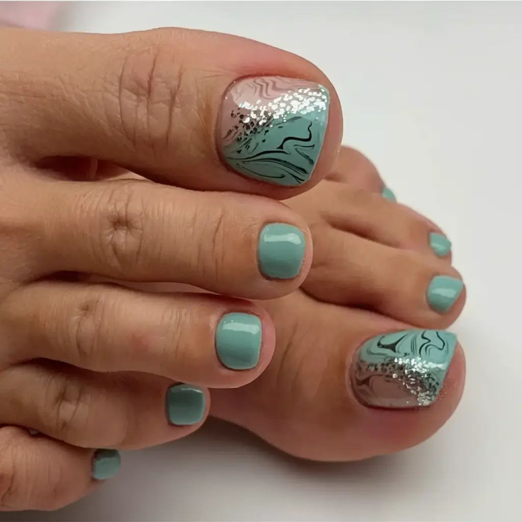 beach toe nails that shine in 2025 Minty Marble Waves