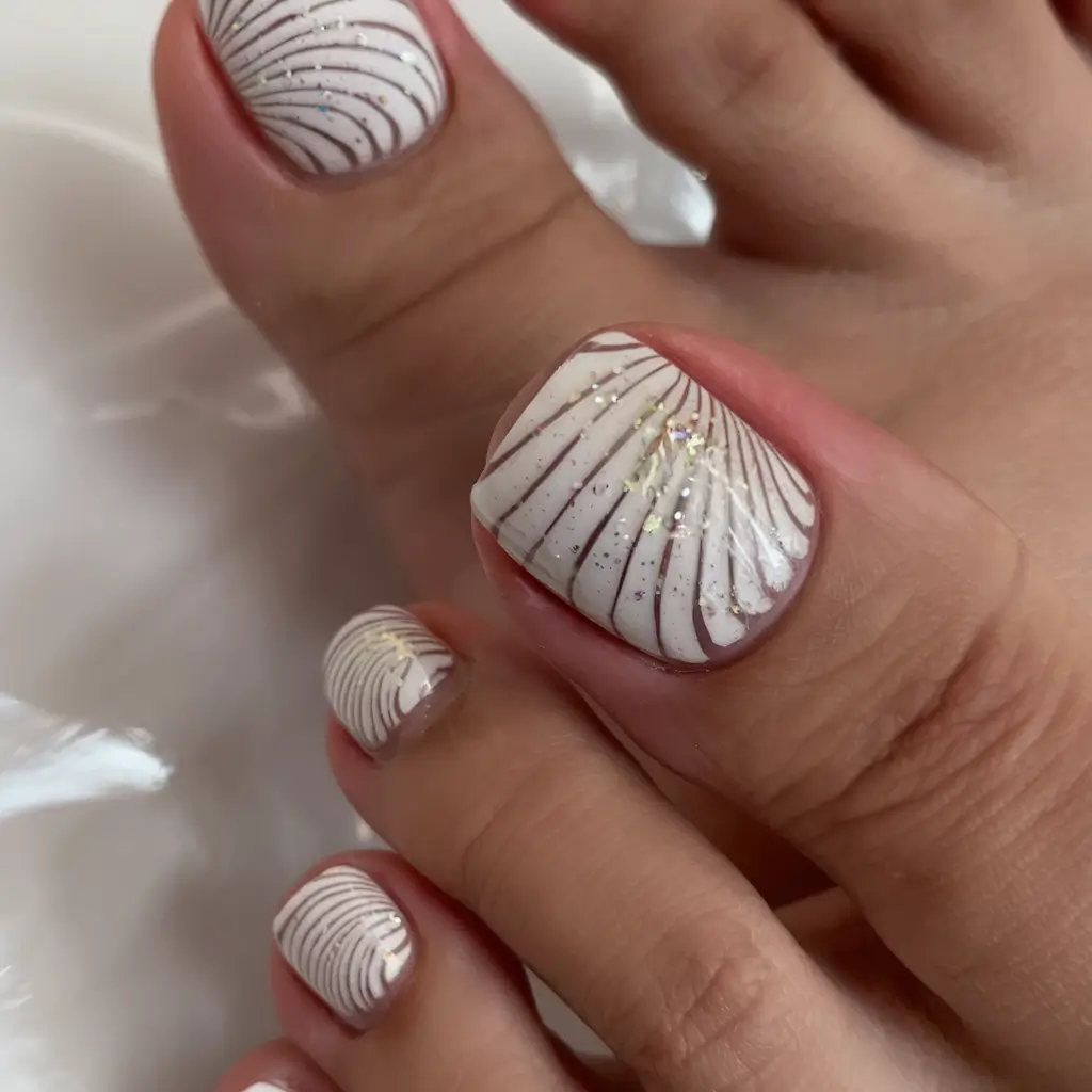 beach toe nails that shine in 2025 Whimsical Shell Swirls