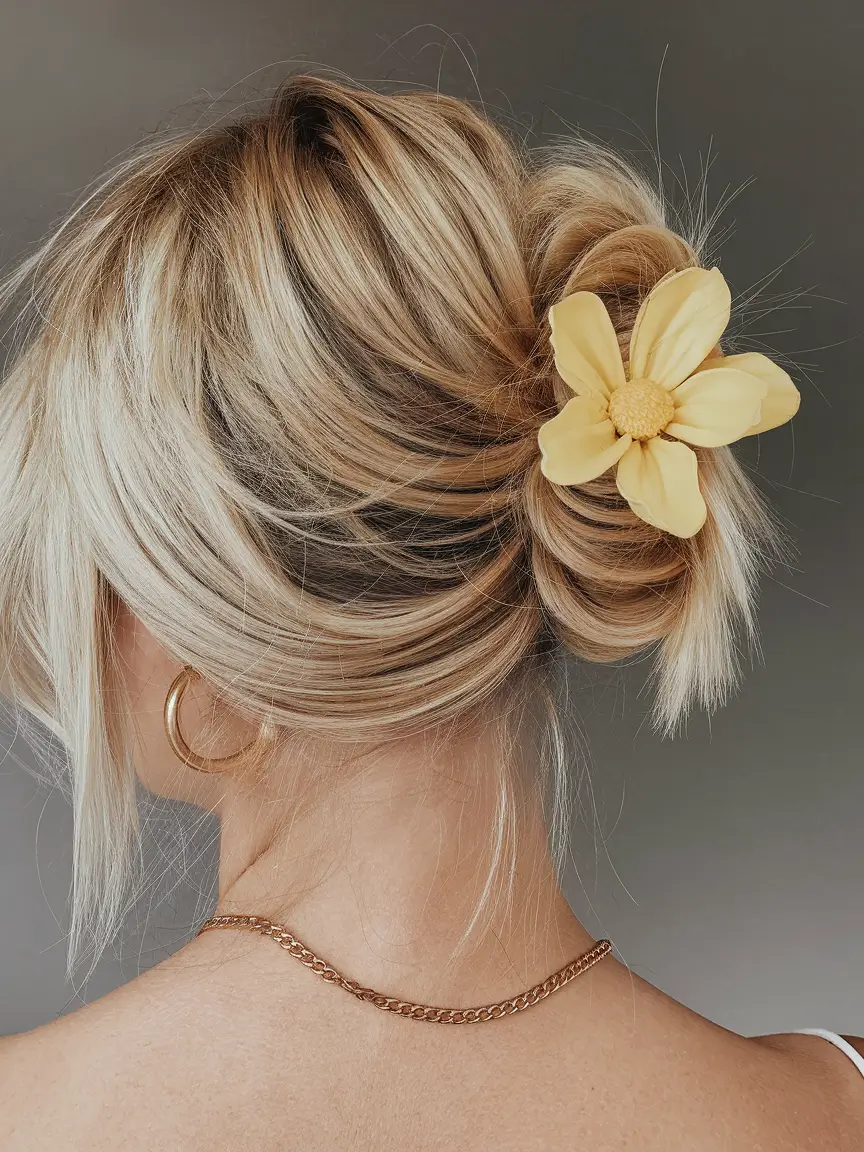 best august hairstyles ideas for 2025 Messy Flower Bun With Effortless Layers