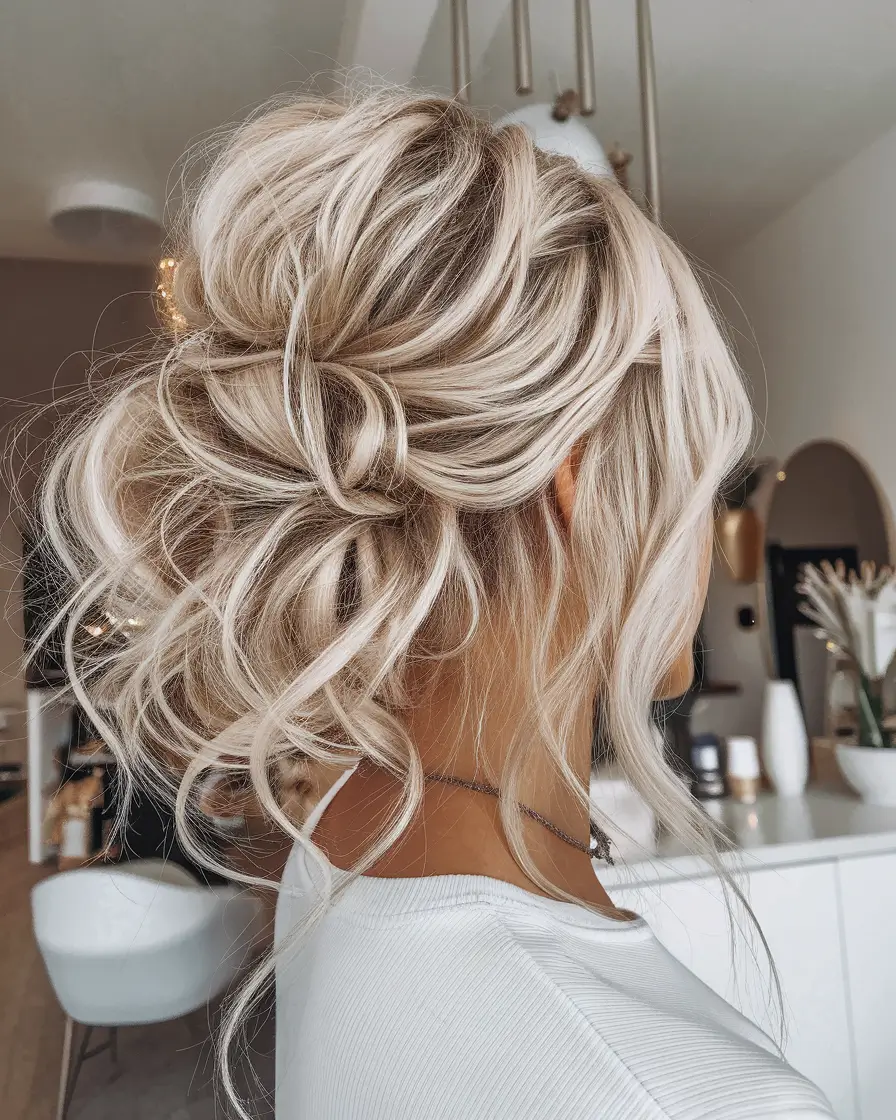 best august hairstyles ideas for 2025 Messy Platinum Blonde Updo With Volume