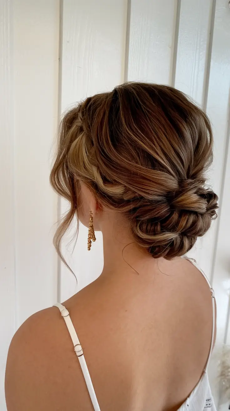 best august hairstyles ideas for 2025 Braided Detail Bun With Golden Highlights
