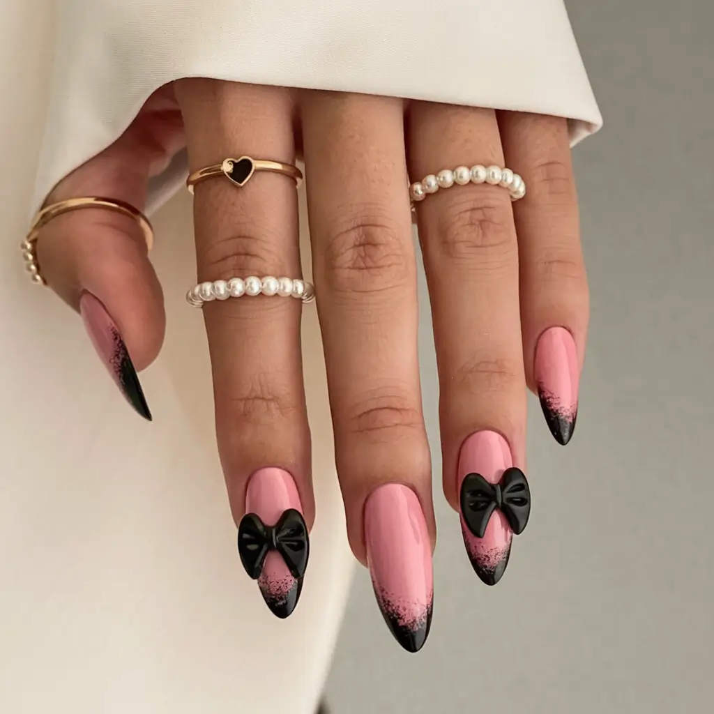 black summer nails that pop in 2025 Sweet & Sultry: The Pink Bow Moment