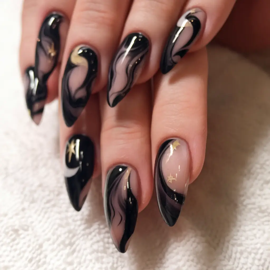 black summer nails that pop in 2025 Galactic Swirls for Summer Nights