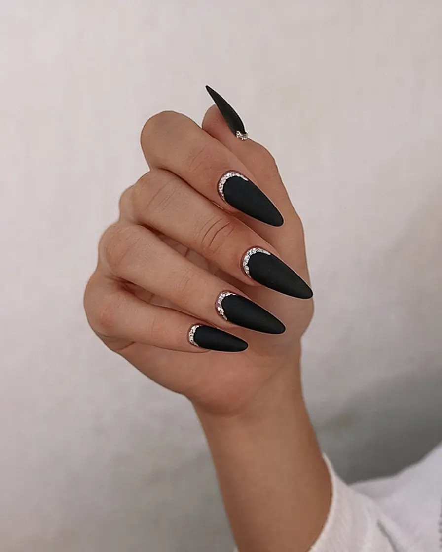 black summer nails that pop in 2025 Matte Black Drama with Diamond Accents