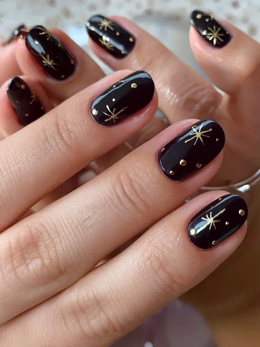 black summer nails that pop in 2025 Golden Stars on Midnight Black