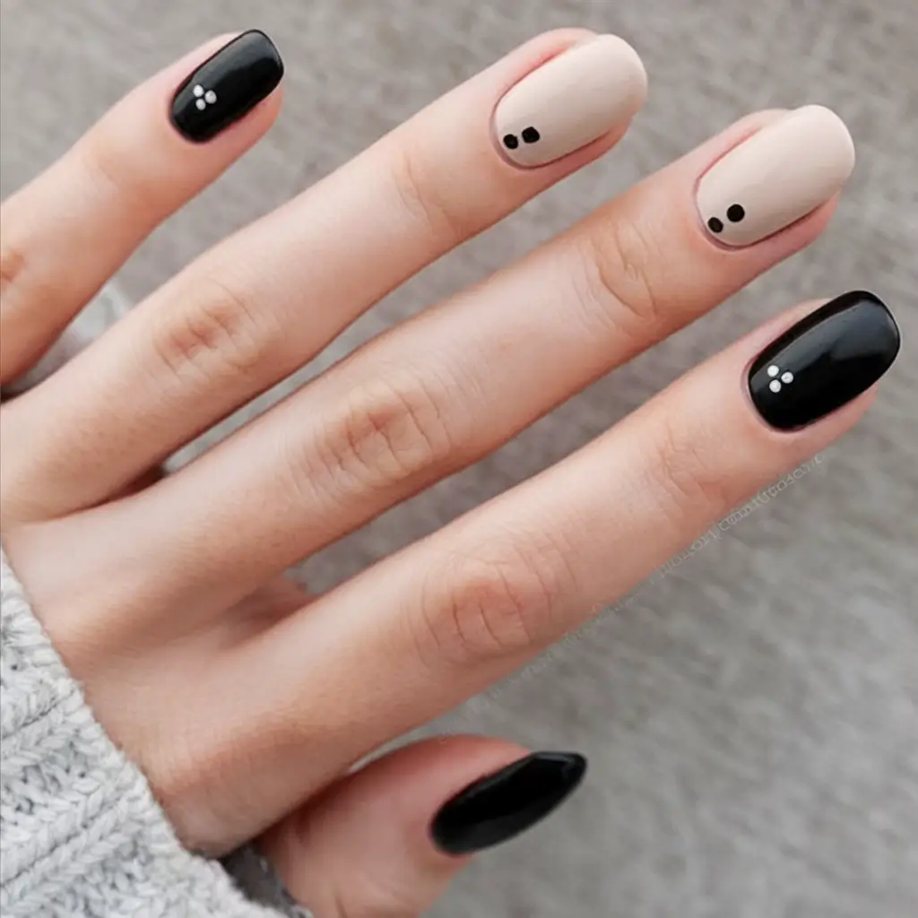 black summer nails that pop in 2025 Minimal Dot Art in Soft Nude and Black