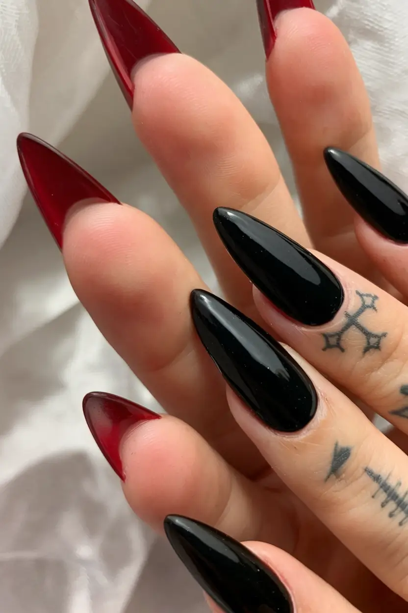 black summer nails that pop in 2025 Vampy Black and Blood-Red Gradient