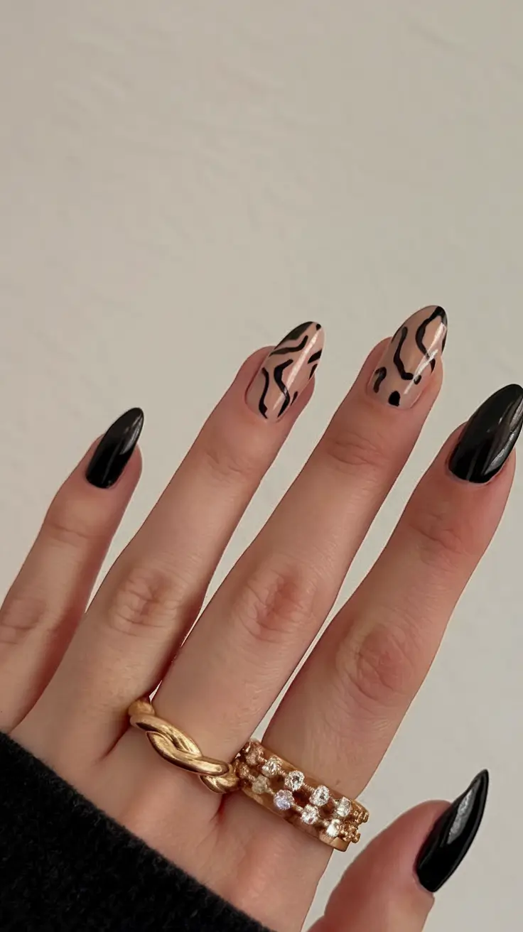 black summer nails that pop in 2025 Abstract Summer Zebra Waves