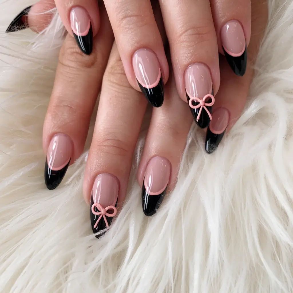 black summer nails that pop in 2025 Playful Pink Bow French Tips