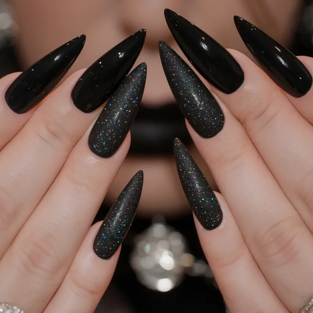 black summer nails that pop in 2025 Velvet Black Matte Meets Glitter Sparkle