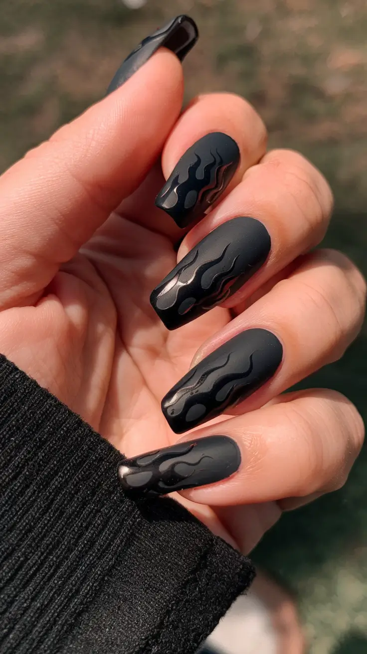 black summer nails that pop in 2025 Glossy-On-Matte Flame Design
