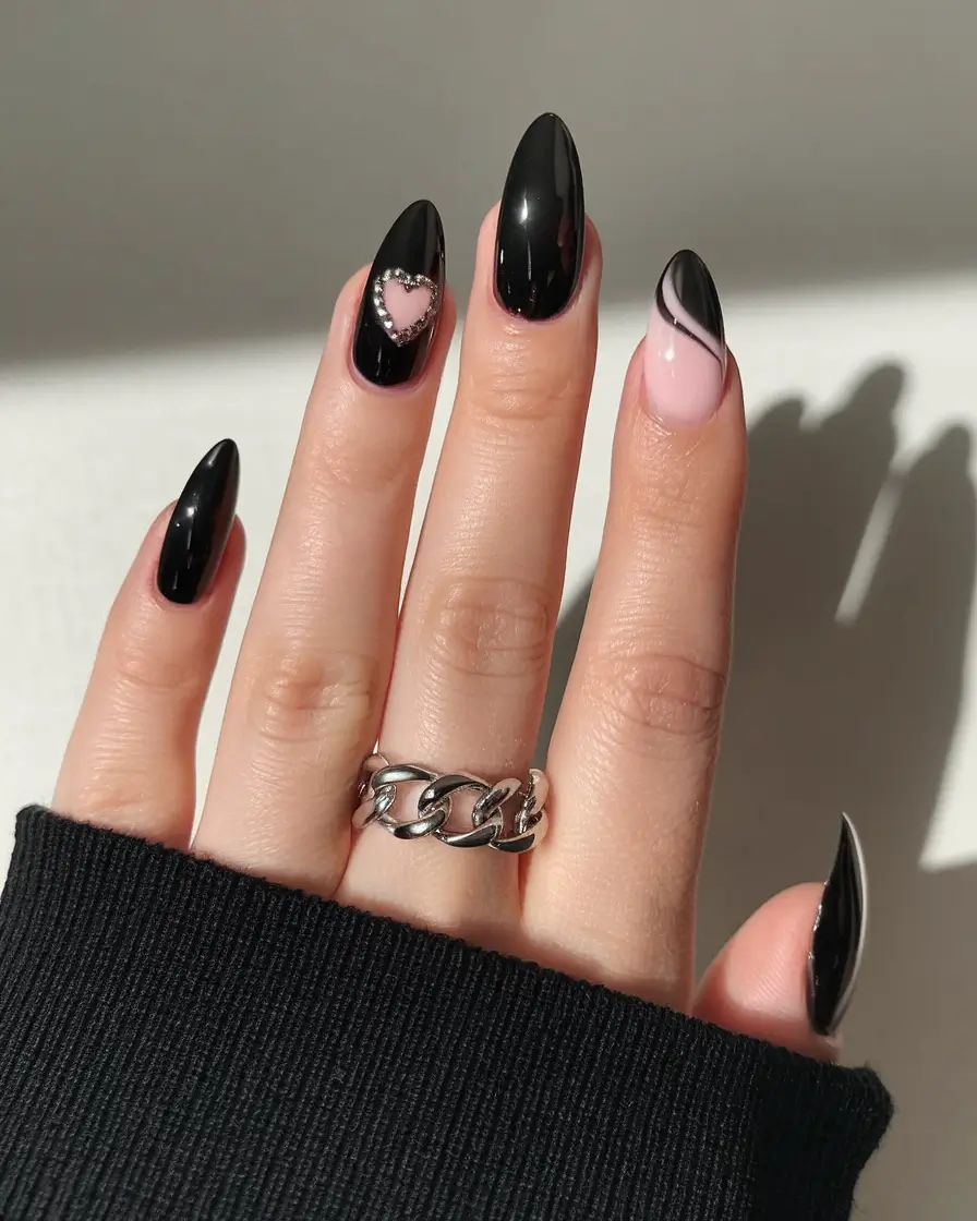 black summer nails that pop in 2025 Romantic Mix of Swirls, Hearts & Sparkle
