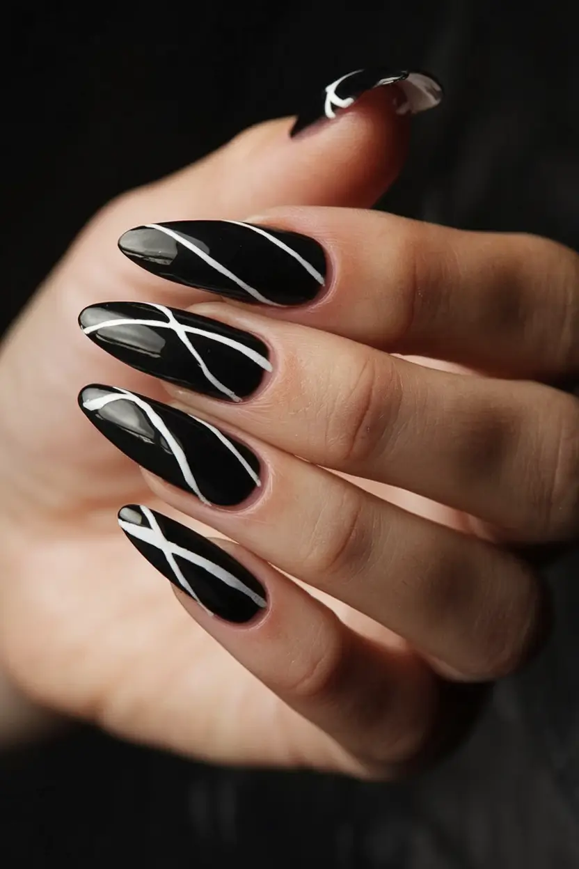 black summer nails that pop in 2025 Edgy Linear Geometry Meets Classic Black