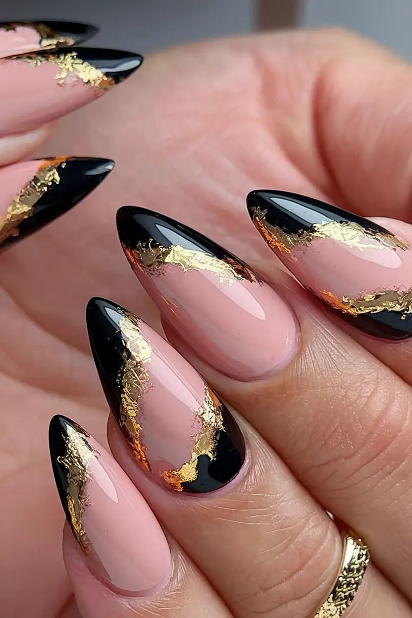 black summer nails that pop in 2025 Gilded Black Marble Elegance