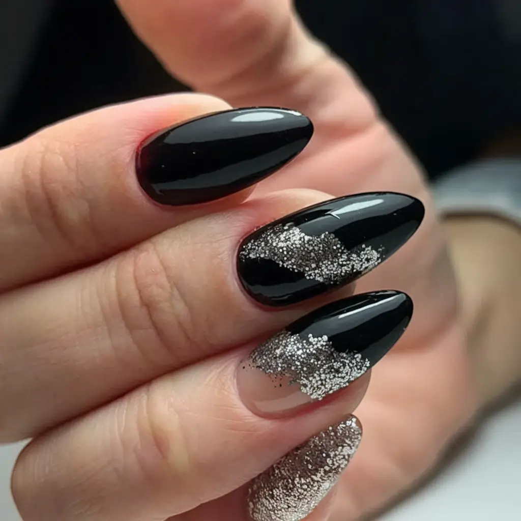 black summer nails that pop in 2025 Cosmic Sparkle Meets Jet Black Drama
