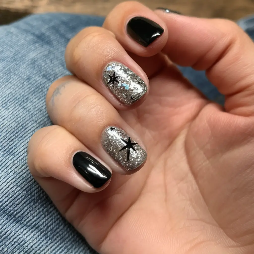 black summer nails that pop in 2025 Celestial Silver Stars for Summer Parties