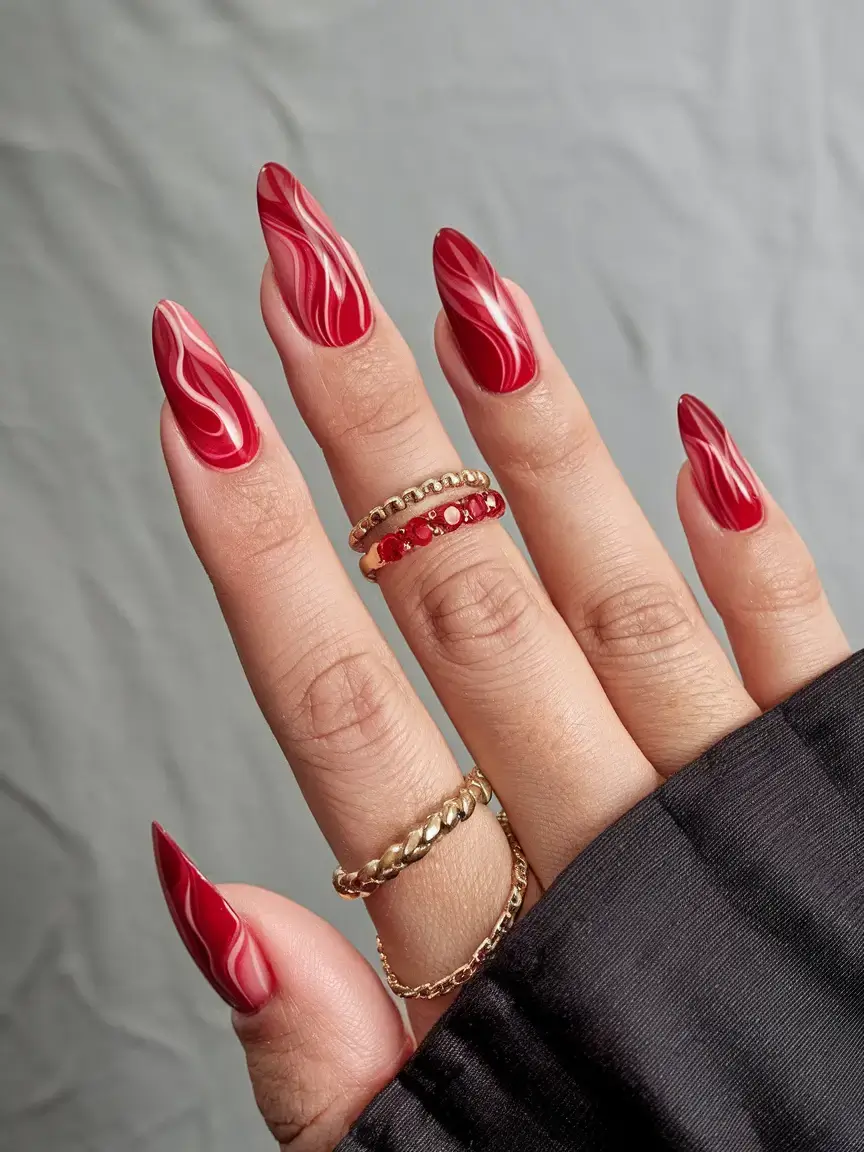 bold red nails for summer 2025 vibes Red Marble Flames: Fiery Summer Swirls