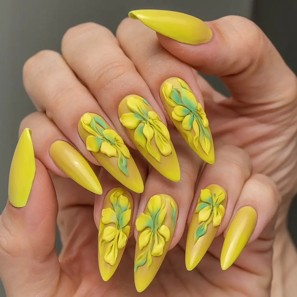bright yellow nails made for summer 2025 - 3D Botanical Extravaganza