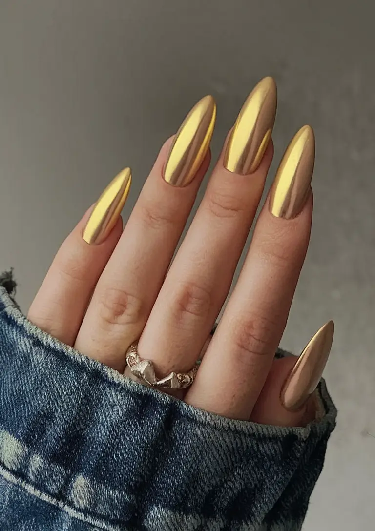 bright yellow nails made for summer 2025 - Gold Chrome Mirror Finish