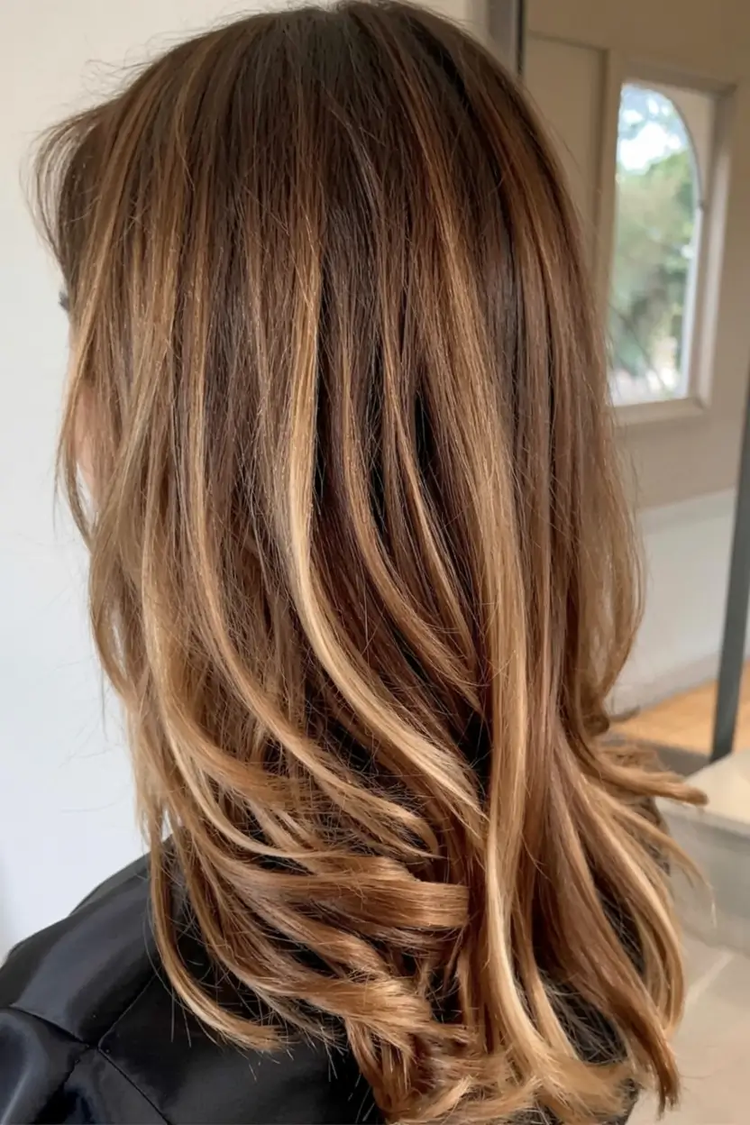 caramel autumn fall hair colors ideas 2025 Spiced Almond Ends on a Flowy Cut
