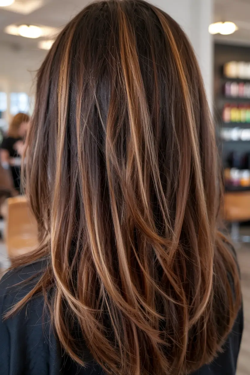 caramel autumn fall hair colors ideas 2025 Chestnut Ribbon Lowlights with Bronze Dimension